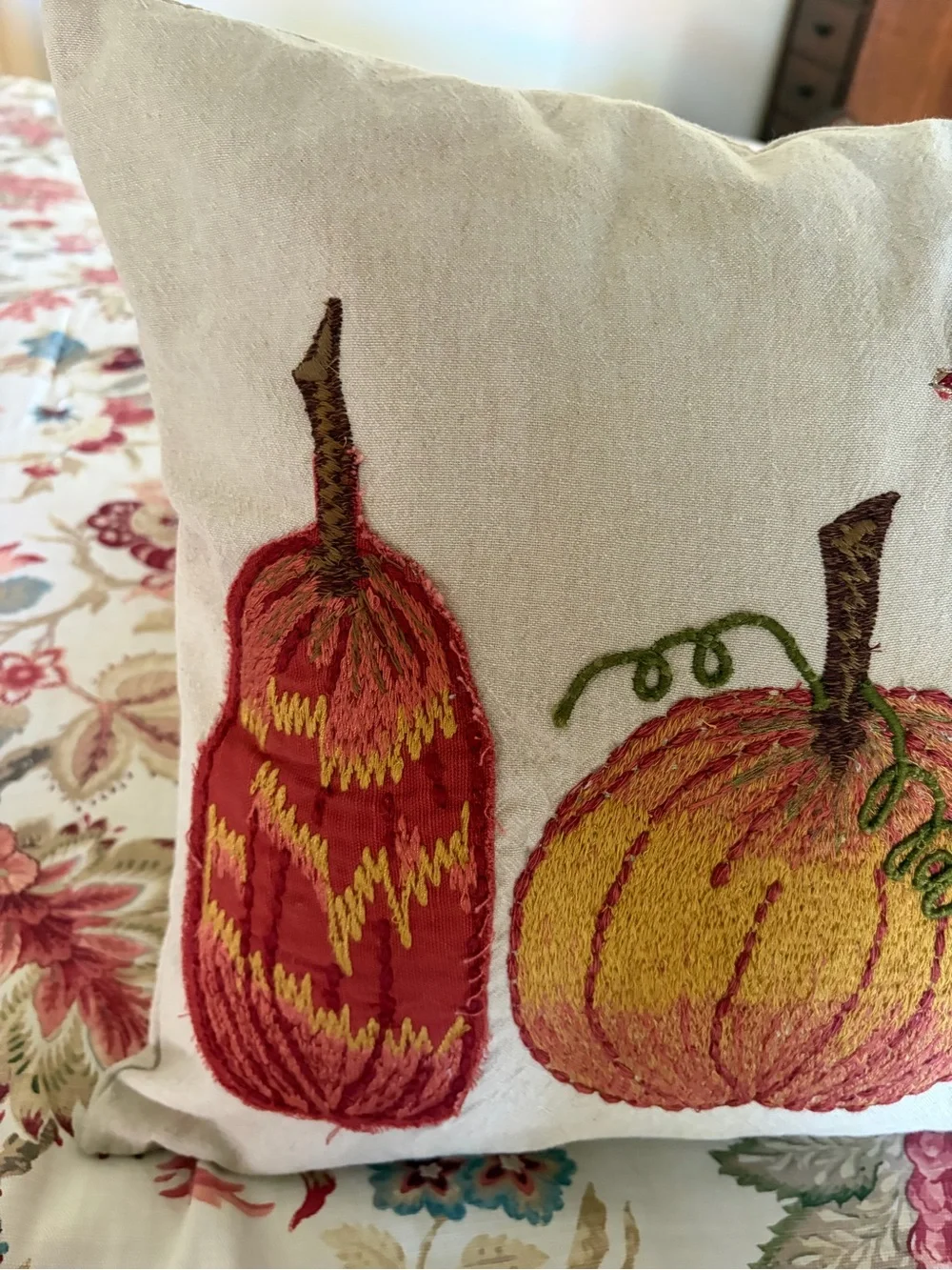 Family Embroidered Pumpkin Accent Pillow - Neutral with Orange and Green